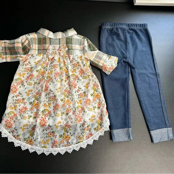 Little Lass Girl 24 Month 2 Piece Outfit Sparkle Lace Plaid Top Stretch Jeans - Picture 5 of 14